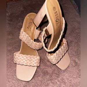 Rouge women’s nude pink braided strap slip on open toe block heel heels 10